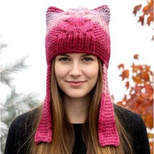 ⭐Unique Hand-Knit Pink Cat Ear Earflap Winter Hat Handmade Cozy Gift for Her New